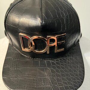 Dope Black Faux Leather Hat with Gold-tone Metal "DOPE" Embellishment